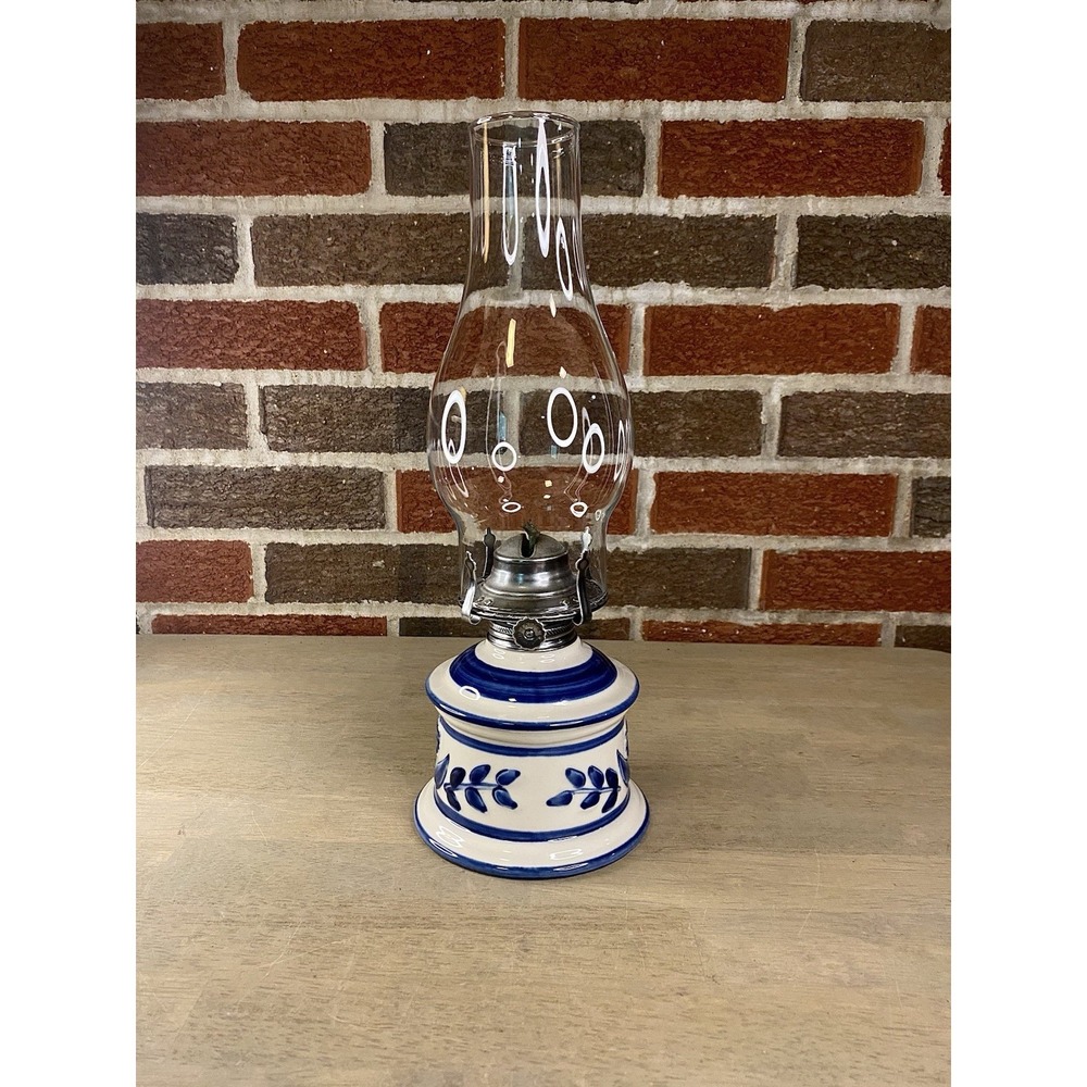 Vtg. Lamplight Farms Blue& White Ceramic Oil Lamp. 13" Tall